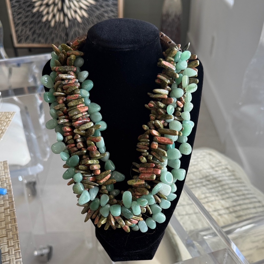Multi-Strand Green and Brown Stone Necklace - Unbranded